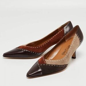 Salvatore Ferragamo Multicolor Suede & Leather Pointed Toe Pumps